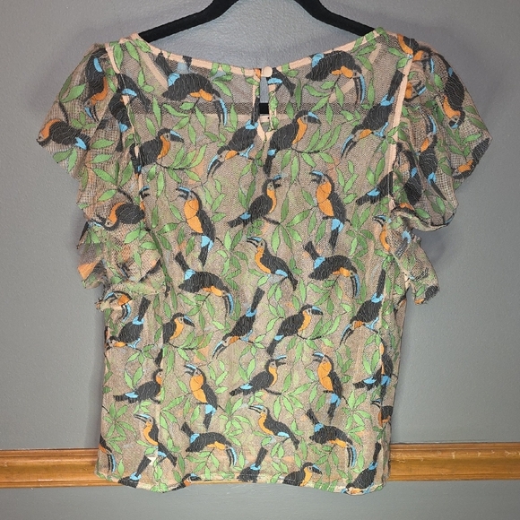 Multicolor Sheer Blouse with Birds & Leaves Print - Picture 2 of 5